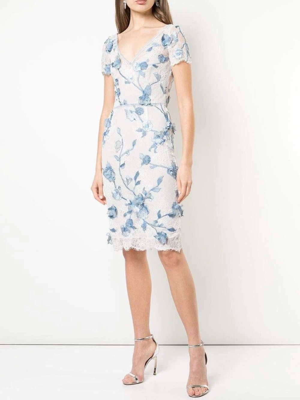 Marchesa Notte Floral Cap Sleeve Corded Lace Cocktail Dress White Blue NWT